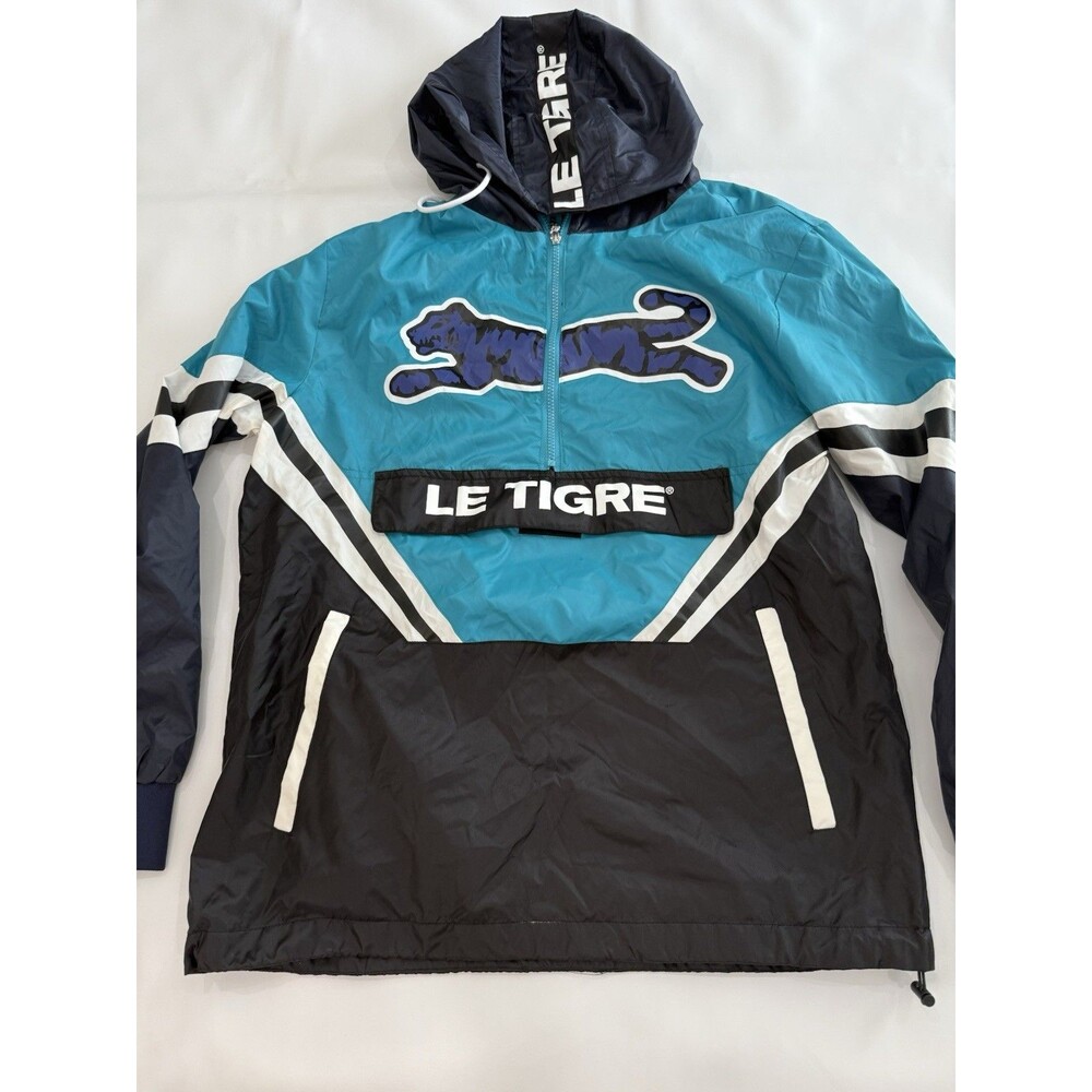Le Tigre Hooded Quarter Zip Windbreaker Jacket Blue Black Men’s Sz Large b